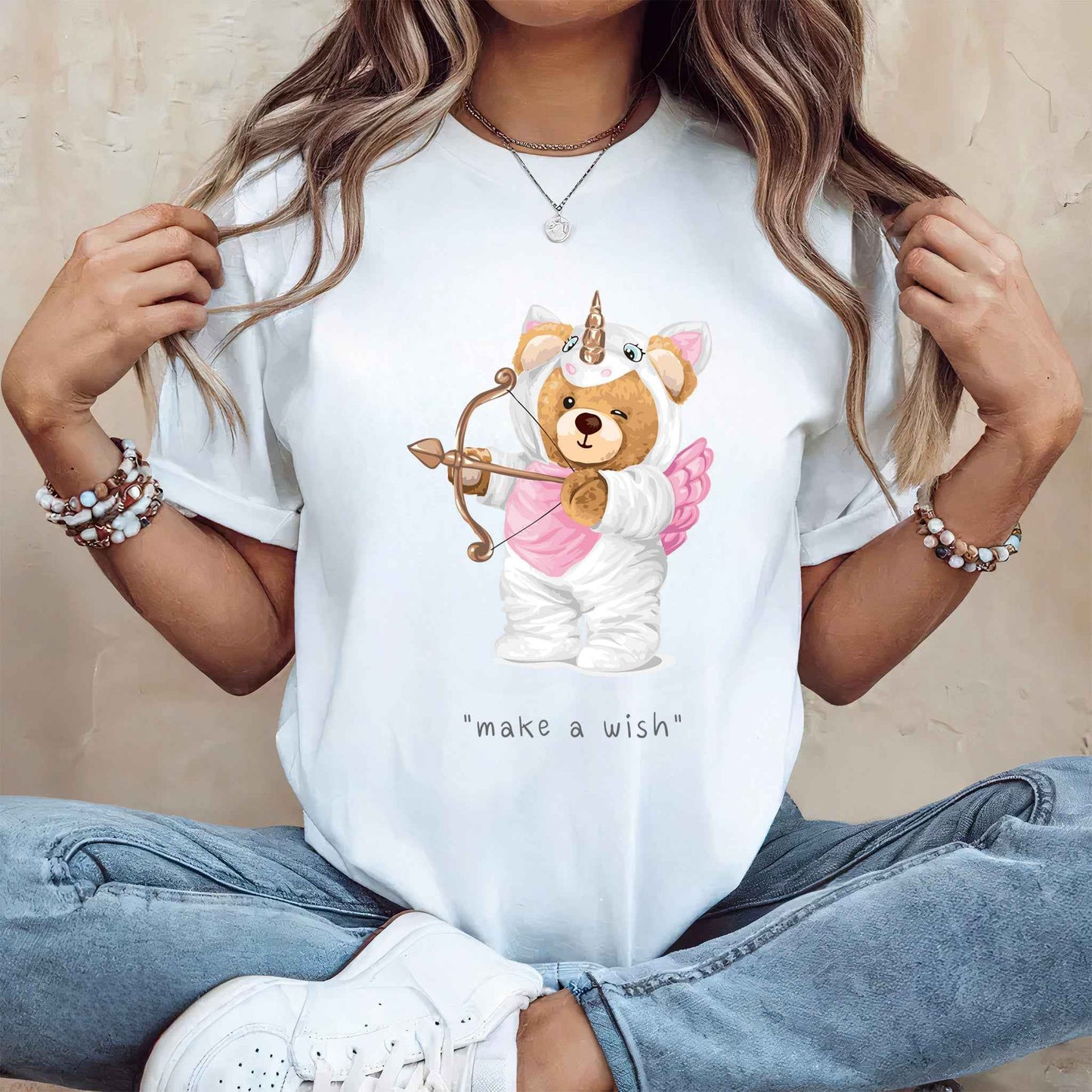Tricou dama din bumbac 100% Cu Ursuleti MAKE A WISH