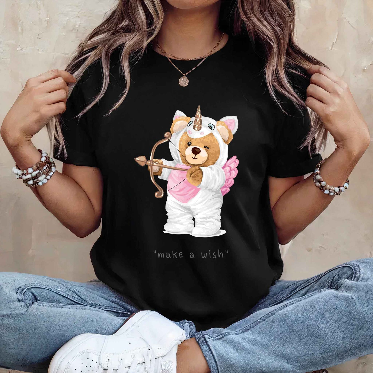 Tricou dama din bumbac 100% Cu Ursuleti MAKE A WISH