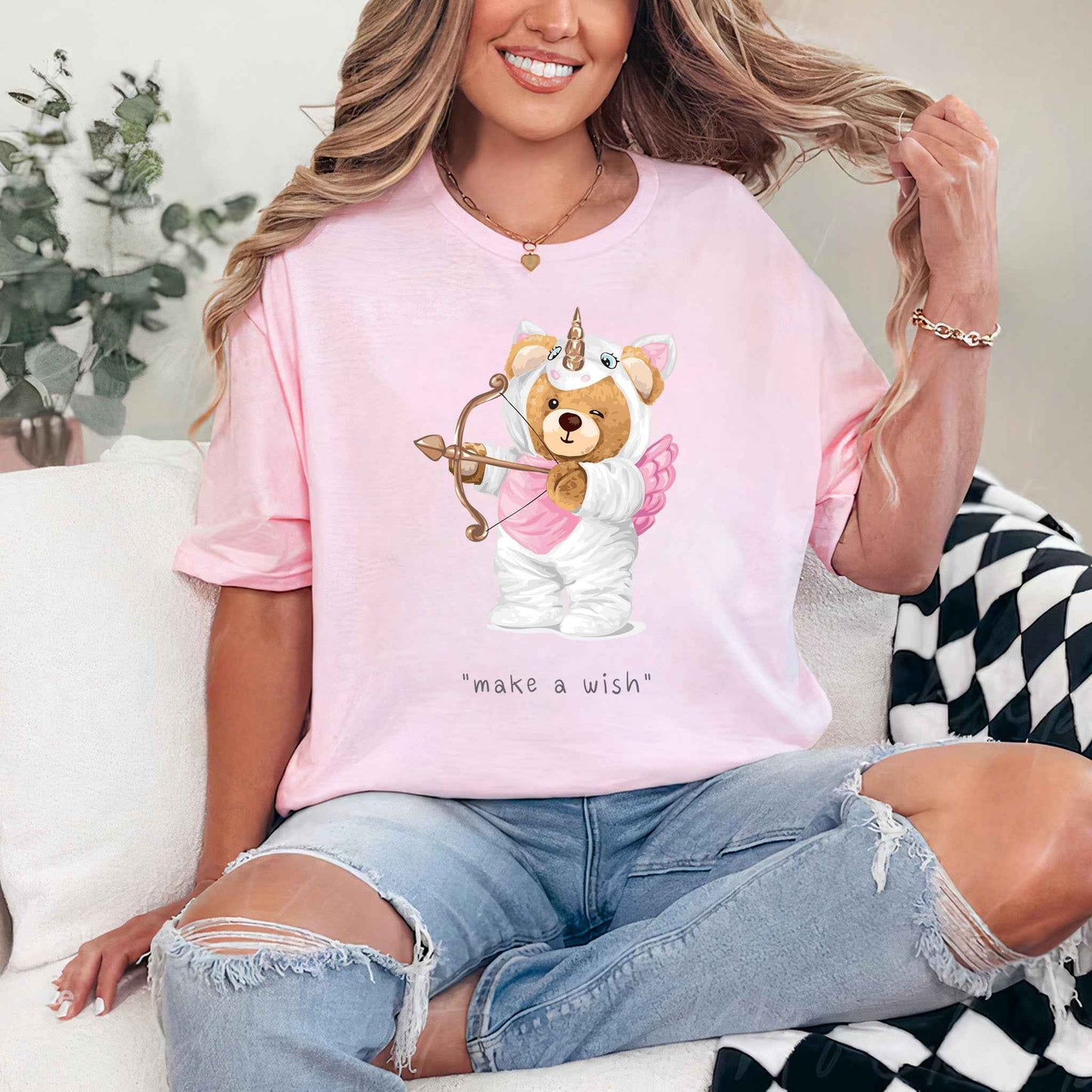 Tricou dama din bumbac 100% Cu Ursuleti MAKE A WISH