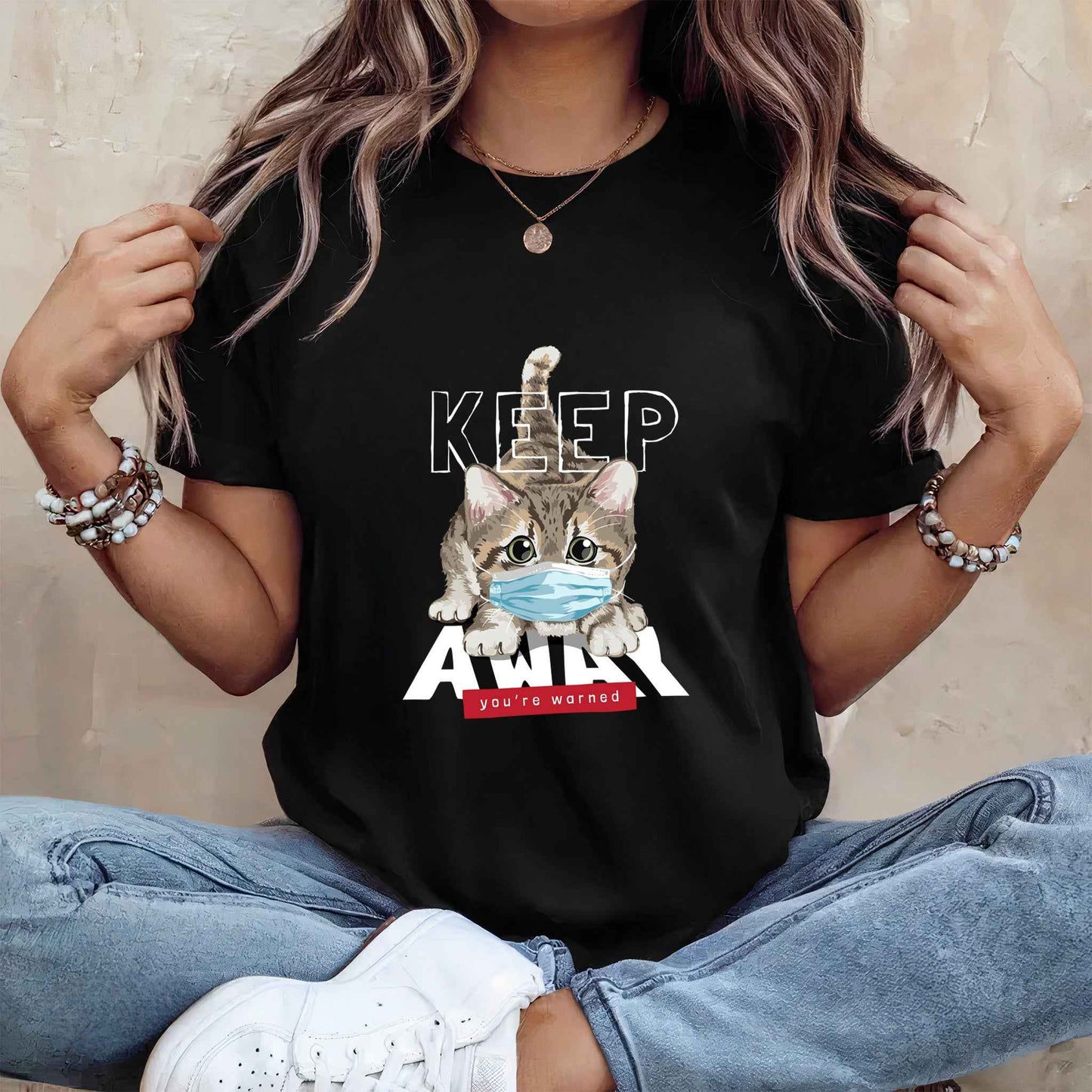 Tricou dama din bumbac 100% Cu Pisici KEEP AWAY