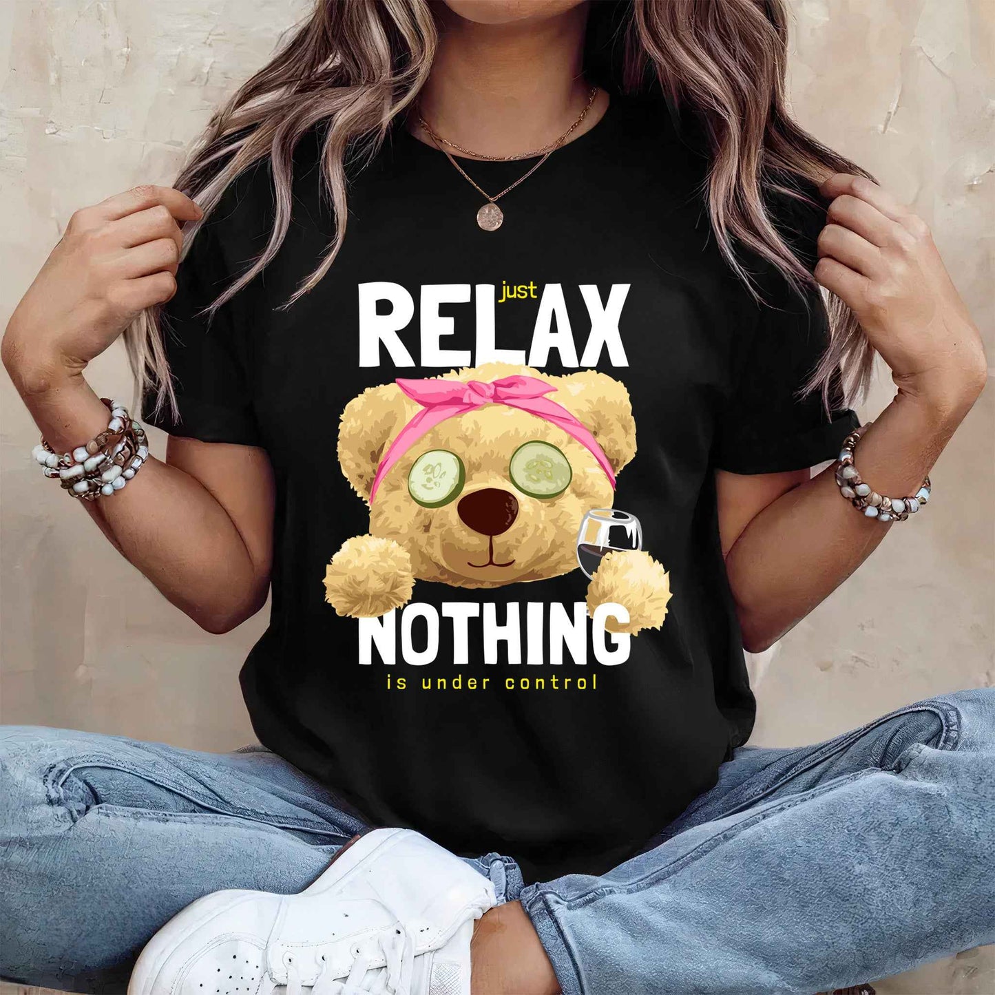 Tricou dama din bumbac 100% cu Ursuleti JUST RELAX