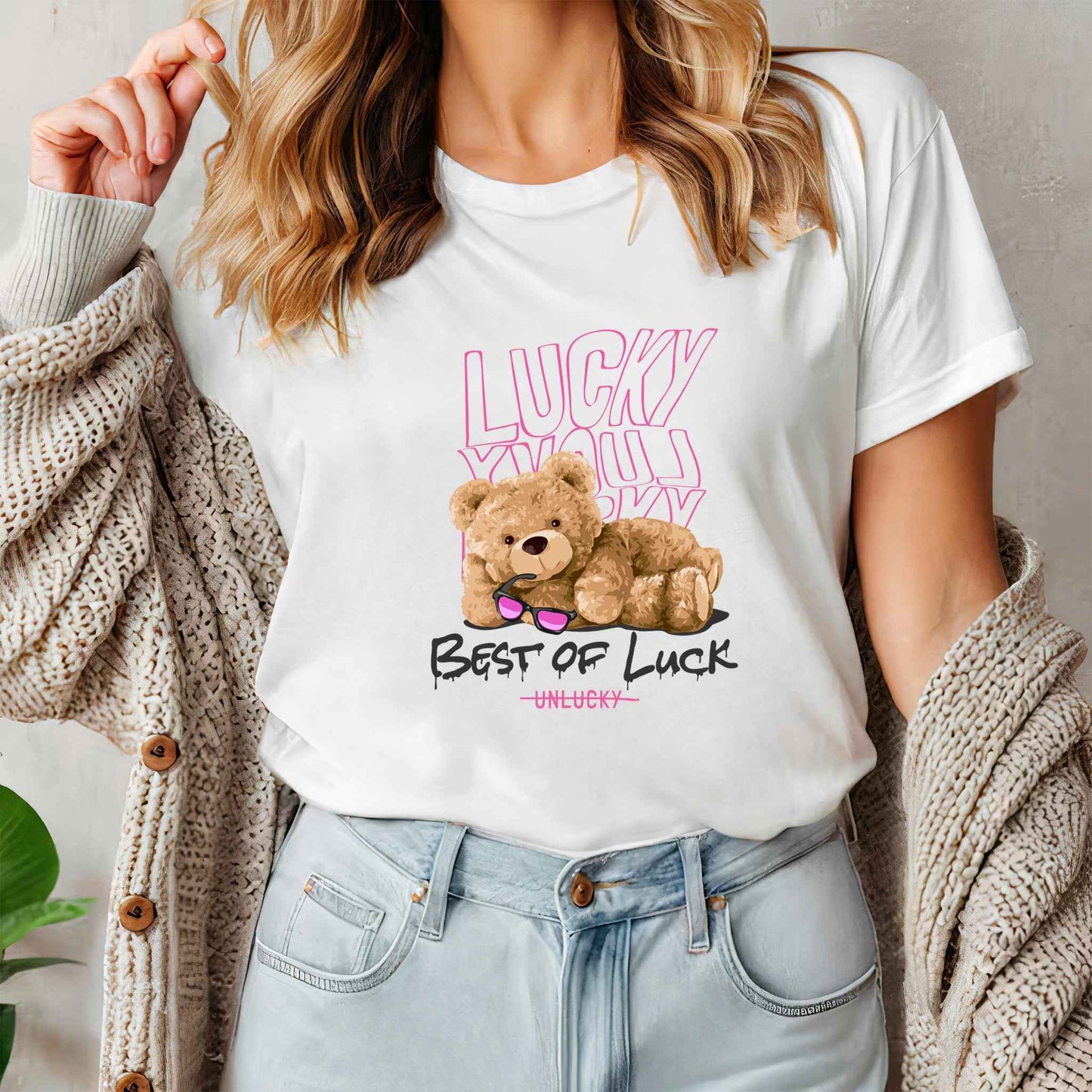 Tricou dama din bumbac 100% cu Ursuleti BEST OF LUCK