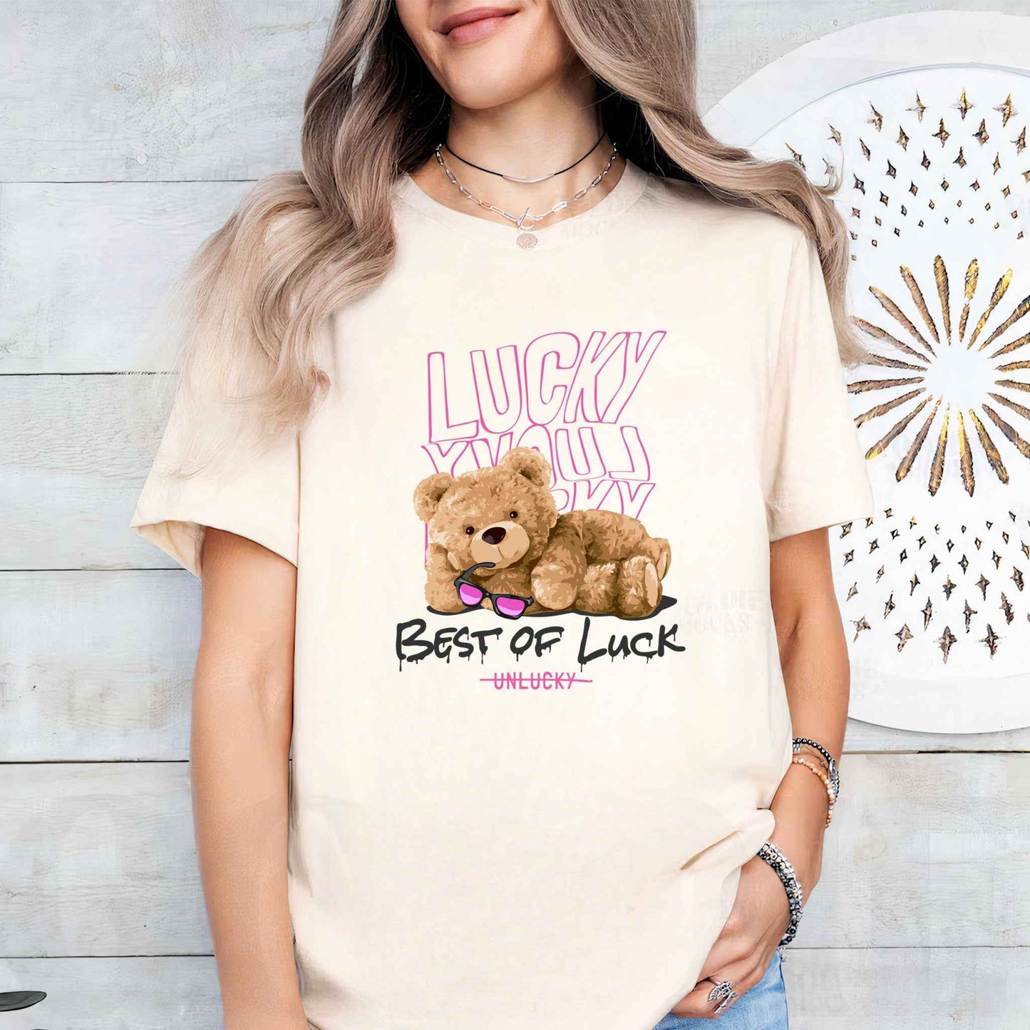 Tricou dama din bumbac 100% cu Ursuleti BEST OF LUCK