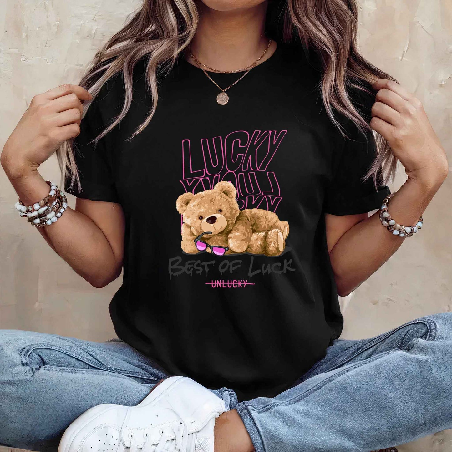 Tricou dama din bumbac 100% cu Ursuleti BEST OF LUCK