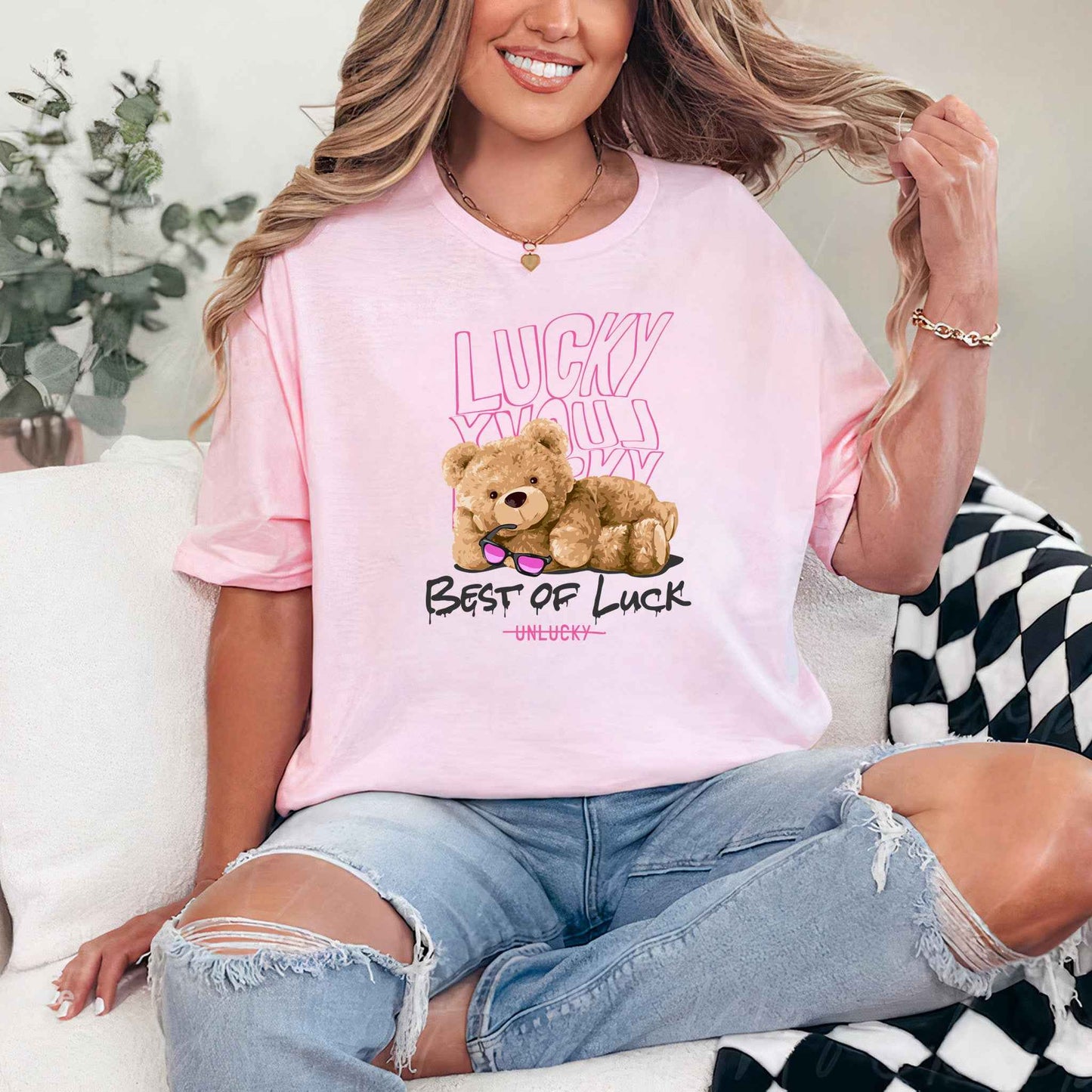 Tricou dama din bumbac 100% cu Ursuleti BEST OF LUCK
