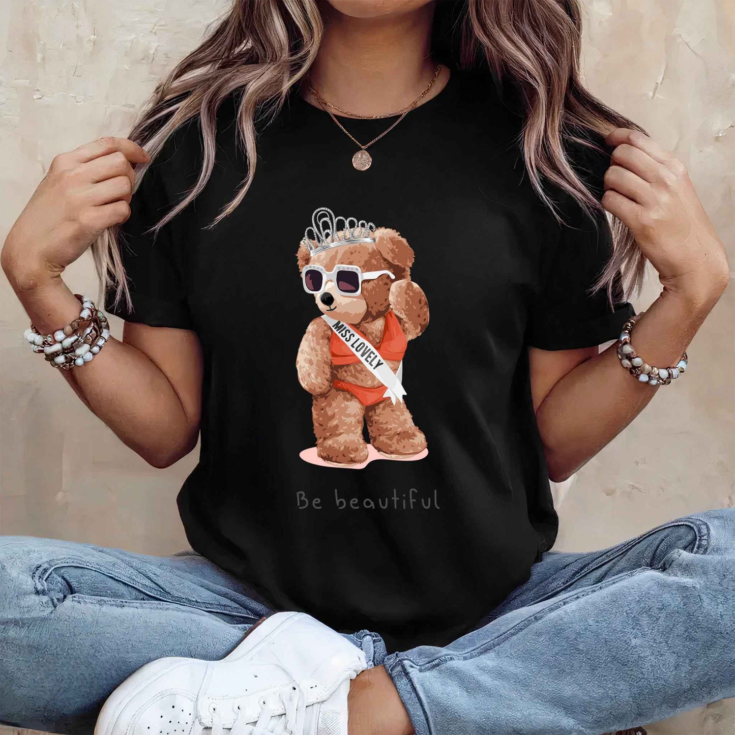 Tricou dama din bumbac 100% Cu Ursuleti BE BEAUTIFUL