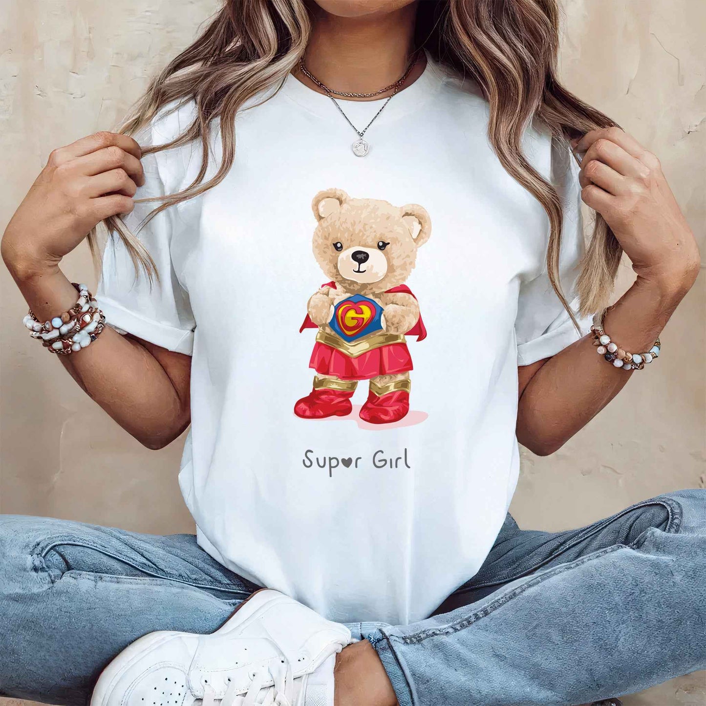 Tricou dama din bumbac 100% Cu Ursuleti SUPER GIRL