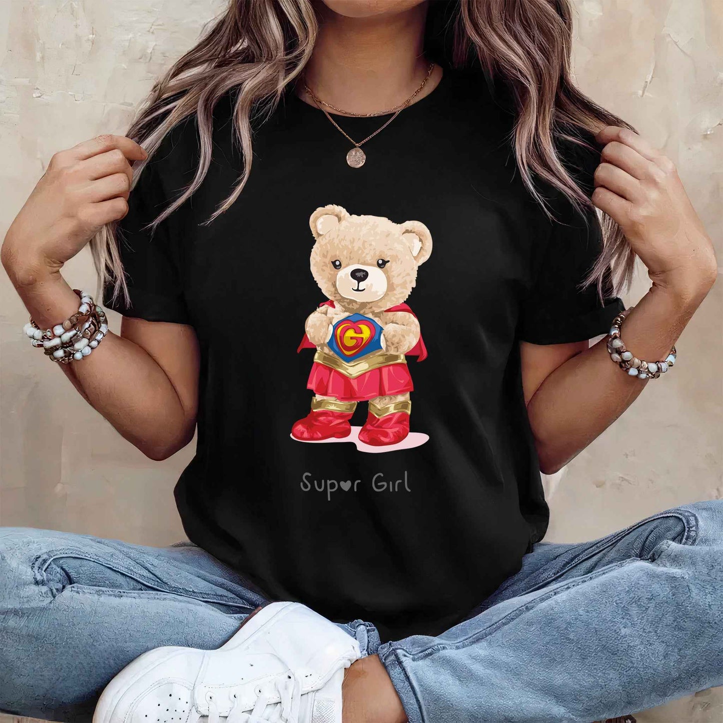 Tricou dama din bumbac 100% Cu Ursuleti SUPER GIRL